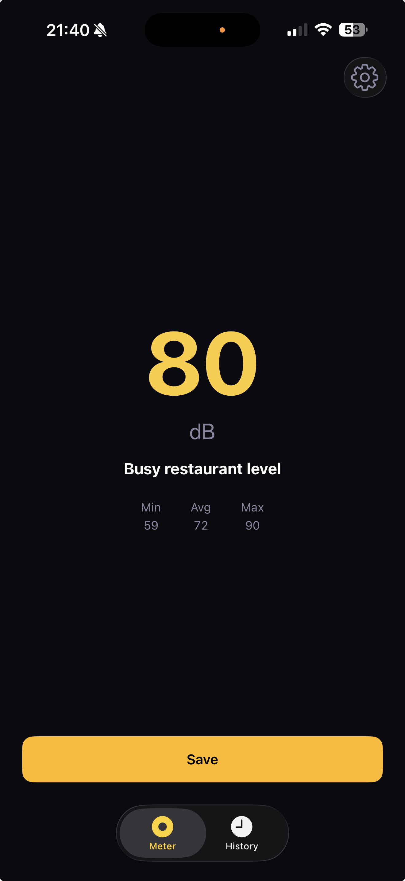 Sotto meter screen showing an 80 dB reading labelled Busy restaurant level with min 59, avg 72, and max 90